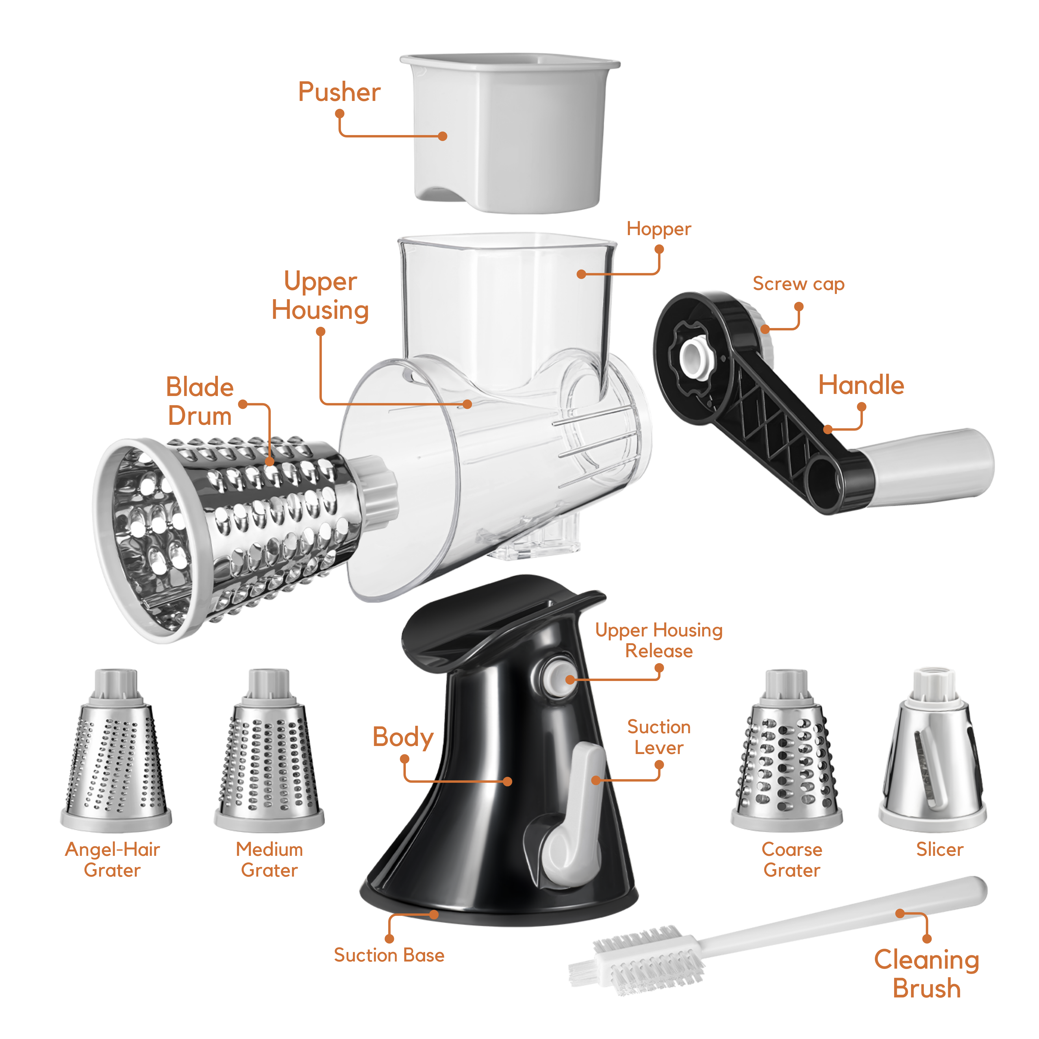 Brieftons 4-Blade Rotary Grater components